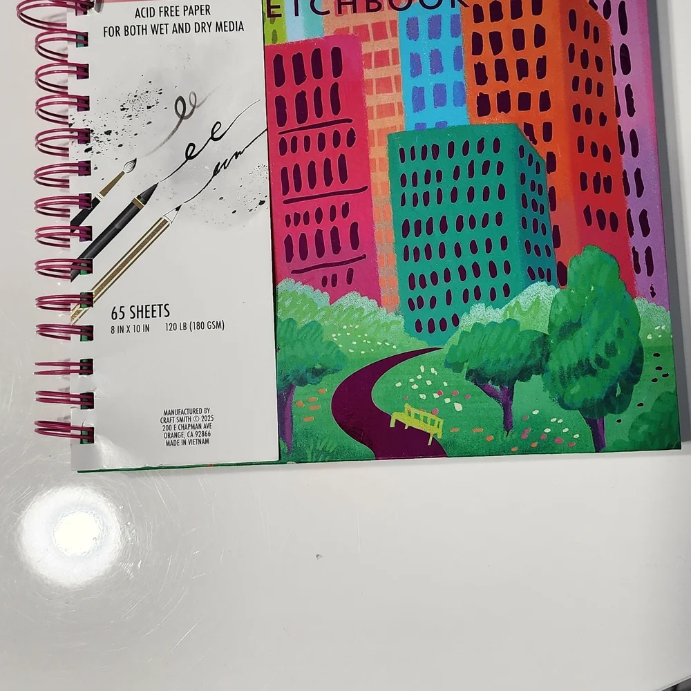 Mixed Media Sketchbook Notebook — Teal, Pink & Orange Cityscape